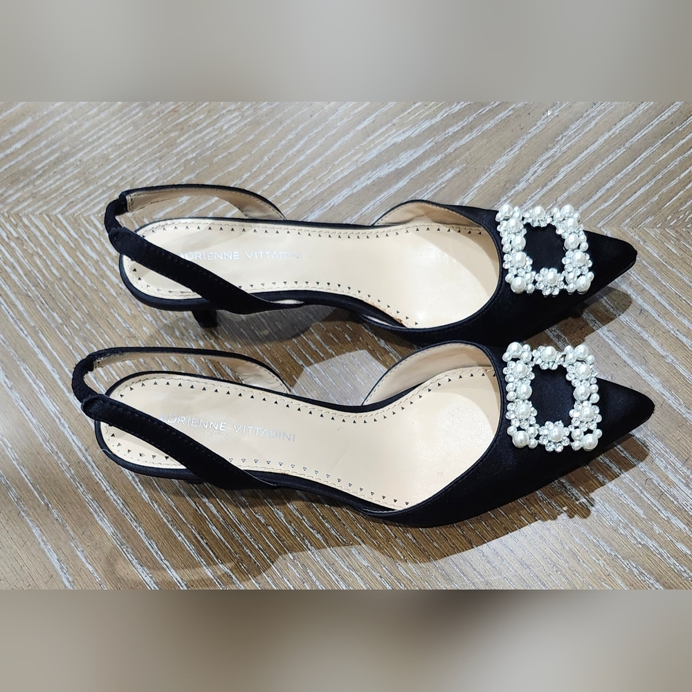 Adrienne Vittadini Black Satin Slingback Heels with Pearl Embellishment - Picture 6 of 9